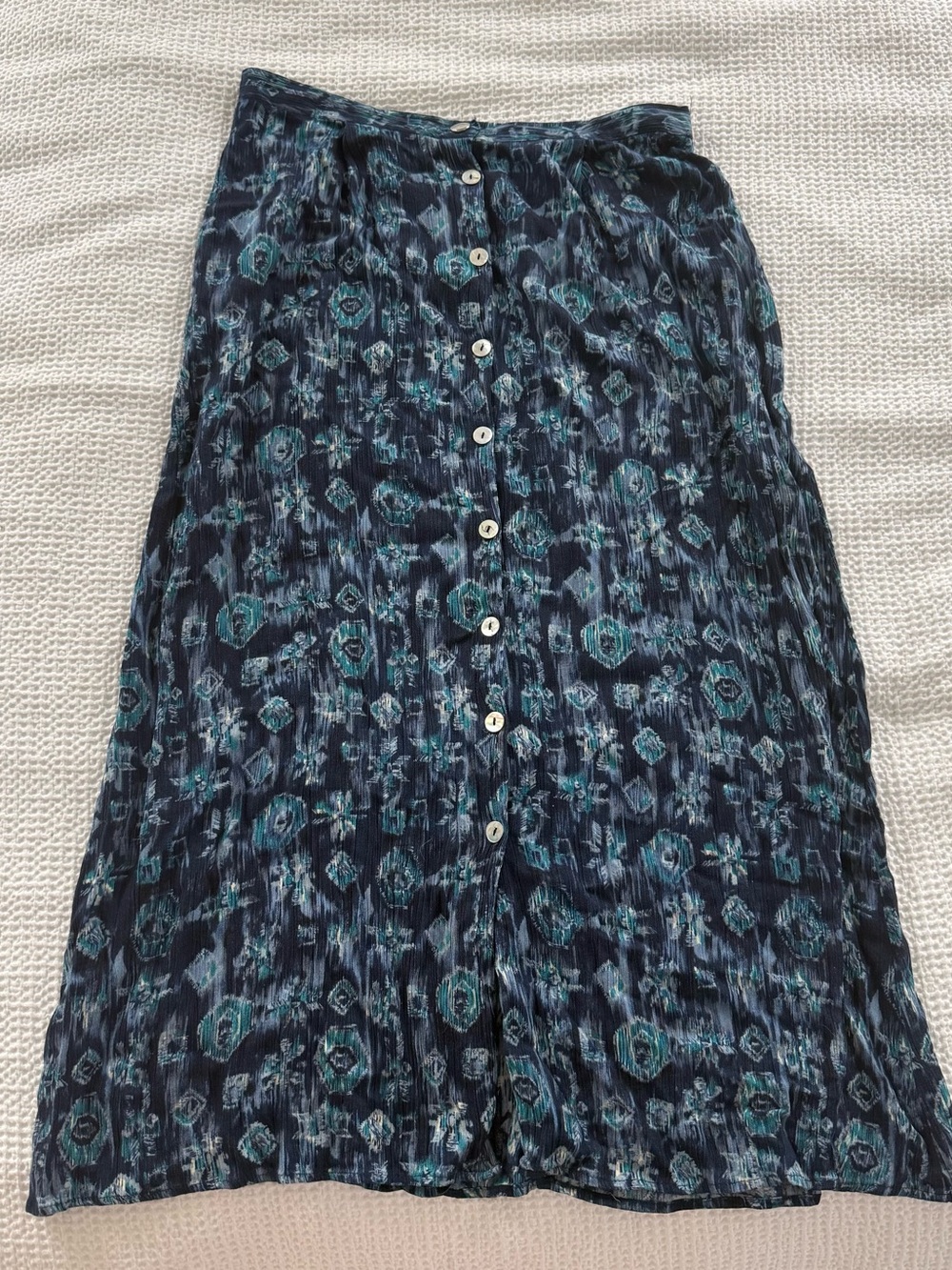 Vintage Button-Front Navy & Teal Patterned Midi Skirt